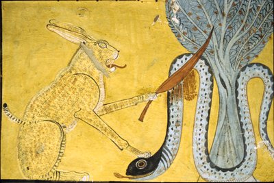 Antigo Egito, Pintura mural Túmulo de Inherkhau, Tebas, Túmulo dos Nobres, 20ª dinastia, Amon (Gato) matando a serpente, representando Amon derrotando a serpente, Apophis debaixo da árvore sagrada (foto) de School Egyptian