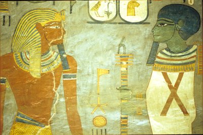 Antigo Egipto, Pintura mural, Túmulo de Ramsés I, Vale dos Reis 19ª dinastia, Ramsés I perante Ptah, Deus da Criação (foto) de School Egyptian