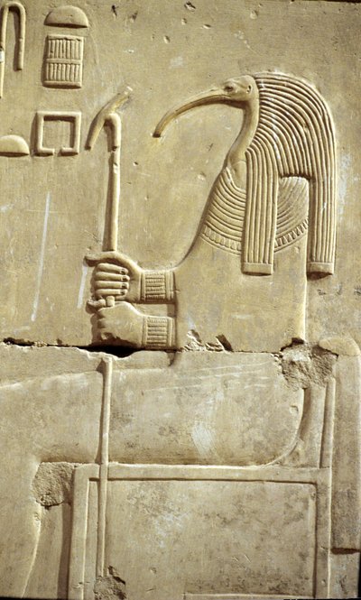 Antigo Egipto, Pintura/gravura mural, O Deus Thoth, Templo de Seti I, Abydos de School Egyptian