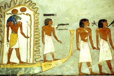 Antigo Egipto, Pintura mural/gravura, Viagem através do barco do submundo puxado por homens, Túmulo de Ramsés I, Tebas de School Egyptian