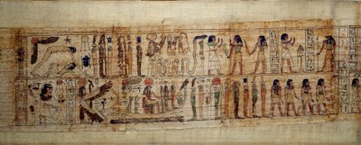 Antigo Papiro Mitológico da Arte Egípcia de Serimen. Em cima: durante a criação do mundo, o deus Geb (Terra) é separado da deusa Nout (céu); deuses e génios a partir de agora. Em baixo: Serimen presta homenagem ao sol que está a inundar com a sua ra de School Egyptian