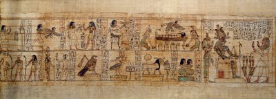 Antigo Papiro Mitológico da Arte Egípcia de Serimen. Top: Serimen ama o deus Osíris representado pelo seu emblema na cidade de Abydos. A alma dos mortos na forma de um pássaro voa sobre a sua múmia vigiada pelas deusas Ísis (esquerda) e Nefthys (direita). de School Egyptian
