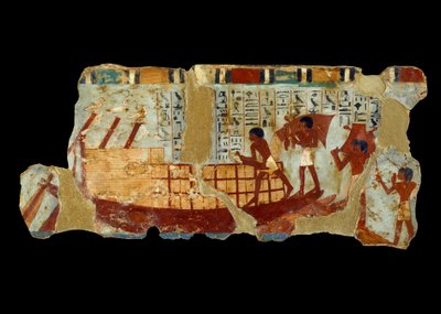 Arte Egípcia Antiga: carregamento de grãos em uma pintura de barco em lodo do túmulo de Ounou (1450 a.C.). de School Egyptian