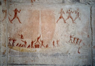 Antiquite egípcio: um veleiro. Relevo calcário da Capela de Mastaba de Akhethetep em Saqqara. 5ª dinastia (cerca de 2500-2350 AC) 2300 AC. Paris, Museu do Louvre de School Egyptian