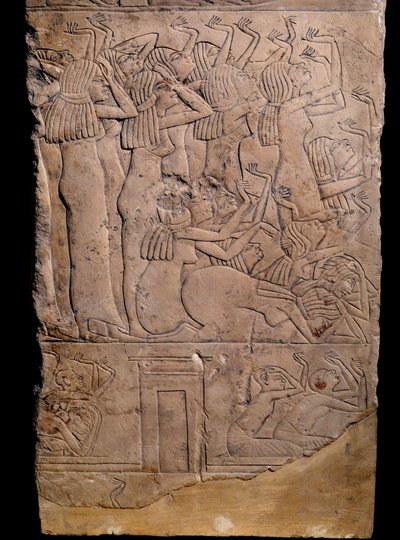 Antiquite egípcio: túmulo memphite de Horemheb a Saqqqarah (Sakkarah ou Saqqqara), alívio: chorando no funeral de Horemheb. 18ª dinastia (cerca de 1550-1295 a.C.) de School Egyptian