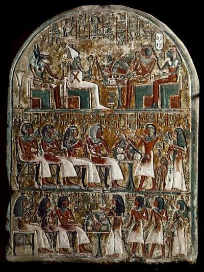 Antiquite egípcio: estela de Irynefer, em cima os deuses Osíris e Anubis face a Amenophis I e Ahmes Nefertari diviniza; no centro de Irynefer, sua esposa Mehytkhaty e sua filha Hathor fazem a oferta funerária aos seus pais, em baixo Hathor adulto de School Egyptian