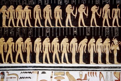 Luxor, Tebas: Vale dos Reis, desenho de deus e deusa na parede interior de um templo. de School Egyptian