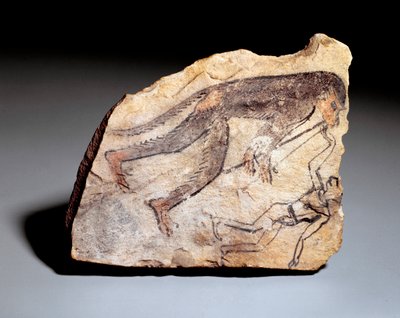 Figura de Ostrakon: macaco tocando flauta dupla (aulos) para fazer um homem dançar. Do local de Deir el-Medineh (calcário, ca. 1295-1186) de School Egyptian