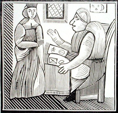 Uma Mulher procura orientação no Soothsayer, cópia de uma ilustração de "A História da Mãe Bando do Ocidente", de uma coleção de livros capilares na esoterica c14th-c17th (xilogravura) de School English