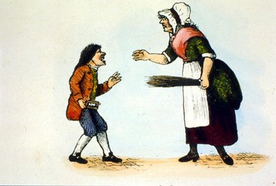 Uma criança é castigada numa escola da Dame, ilustração de uma história do livro de chifres (cor litho) de School English