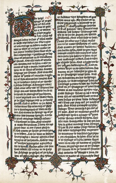 Cópia de uma página do Evangelho de São Marcos, tradução de Wycliffe da Bíblia para inglês em c.1400 (impressão) de School English