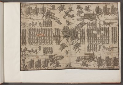 Algodão Augustus III, f.1 Uma batalha. Exércitos em formação. Desenhos de exércitos, soldados, cavalos e arneses, e outras cenas militares. 1500-1650 de School English
