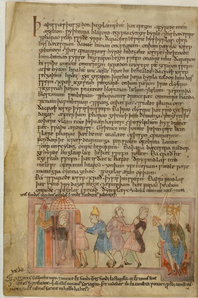 Cotton Claudius B. IV, f.58v Uma cena mostrando a Justiça Anglo-Saxônica, ilustração de (velino) de School English