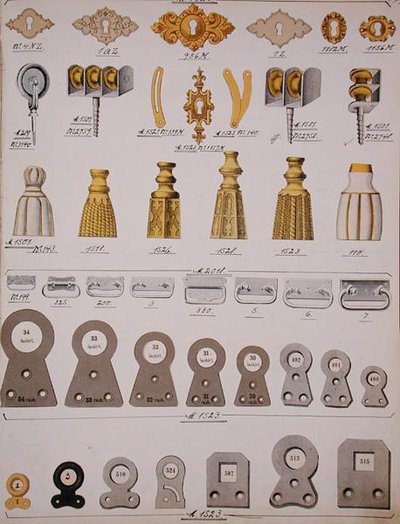Fechaduras de portas, de um catálogo comercial de artigos e acessórios domésticos, c.1890-1910 (cor litho) de School English