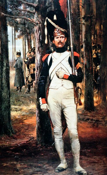 Guarda Imperial do Grande Exército de Napoleão, usando boné de pele de urso e armado com um mosquete de Charlesville de 1777 (cor litho) de School English