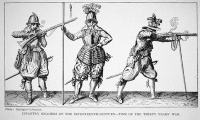 Soldados de infantaria do século XVII - época da Guerra dos Trinta Anos (litho) de School English