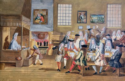 Interior de um café londrino, c.1650-1750 (aguarela sobre papel) de School English