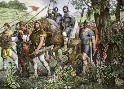 Homens de Kent em batalha para defender a Inglaterra durante a invasão normanda em 1066 (gravura a cores) de School English