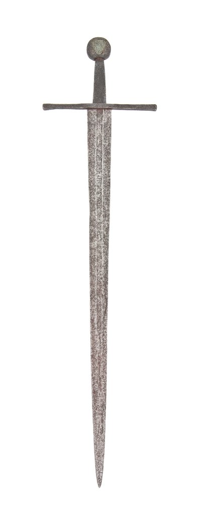 Espada larga do final da Idade Média, com a lâmina Viking anterior e portando as armas da família De Bohun, Condes de Hereford e Essex de School English