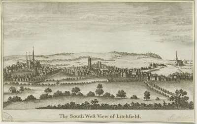 Lichfield - Vista Sudoeste: gravação em chapa de cobre, nd [fim do 18º cêntimo] (imprimir) de School English