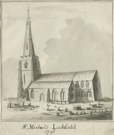 Lichfield - Igreja de São Miguel: desenho com caneta e lavatório sépia de School English