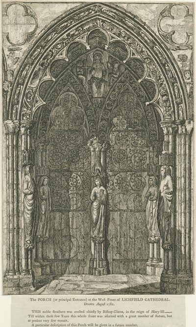 Catedral de Lichfield - Porta Oeste: gravura, Ago 1782 (estampado) de School English