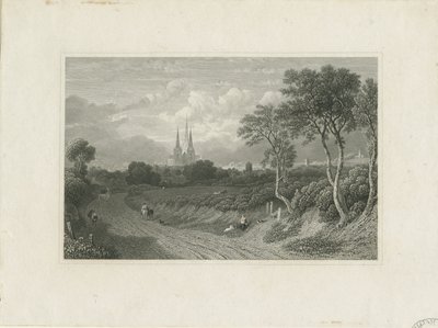 Catedral de Lichfield - Vista Oeste (distante): gravura, nd [?18 cent] (estampado) de School English