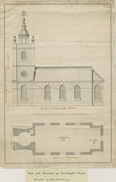 Marchington Church - Elevação Exterior e Plano Interior: desenho a caneta, nd [?meados do século XVIII] (desenho) de School English