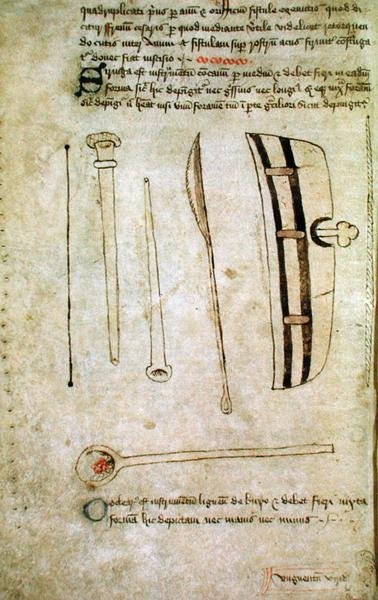 Ms Hunter 112 f.44v de "Speculum Phlebotomiae" de John Arderne, c.1349-1450 (caneta e tinta sobre velino) de School English