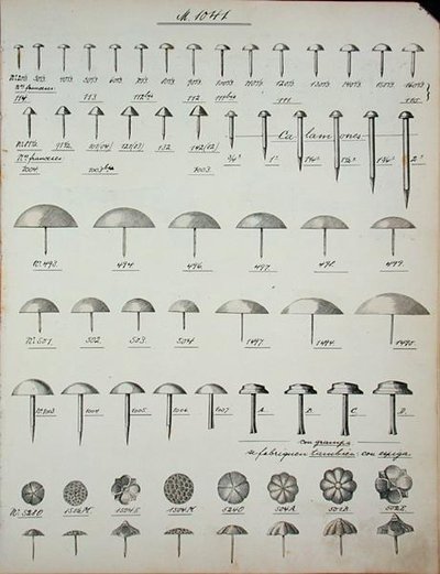 Pregos, tachas e alfinetes, de um catálogo comercial de produtos e acessórios domésticos, c.1890-1910 (litho) de School English
