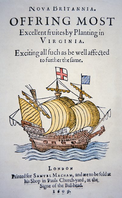 Panfleto que incentiva os colonos a irem à Virgínia na América, publicado em 1609 (cor litho) de School English