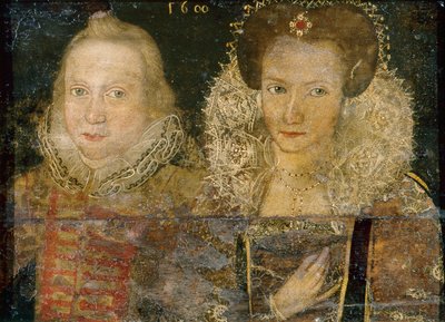 Retrato de um jovem e de uma mulher, c.1600 (óleo sobre madeira) de School English