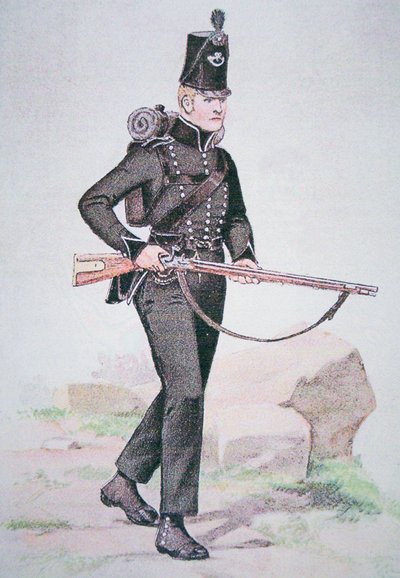 Soldado da 95ª Rifles, c.1810, armado com a espingarda Baker, desenhada por Ezekiel Baker de Londres (cor litho) de School English