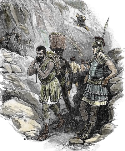 Legionário romano a supervisionar trabalhadores anglo-saxónicos numa mina de estanho, Inglaterra 50 d.C. (impressão) de School English