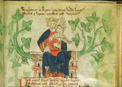 Roy.20 A II f.7 Rei Estêvão entronizado, escrito durante o reinado de Eduardo II (1284-1327) de School English