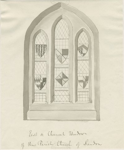 Igreja Sandon - Janela Leste da Chancelaria: desenho de lavagem sépia, nd [?18 cent] (desenho) de School English