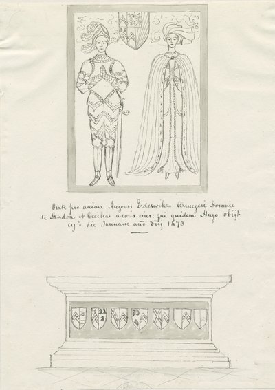 Igreja Sandon - Tumba de Hugh Erdeswicke e Cecilia [Bassett]: desenho a bico de pena, nd [ 18º séc.] (Desenho) de School English
