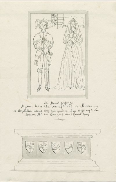 Igreja Sandon - Tumba de Hugh Erdeswicke e Elizabeth [Harcourt]: desenho a lápis e tinta, nd [ de School English