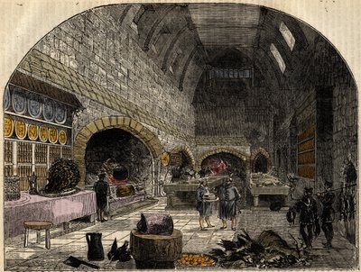 A Cozinha do Século XVI da Rainha Isabel I - gravura da "História da Inglaterra" de Cassell Petter & Galpin de School English