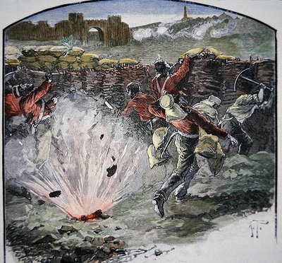 As posições britânicas sob fogo de canhão da cidade durante o Cerco de Deli de School English