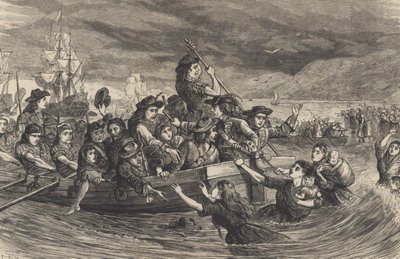 Os gansos selvagens - Soldados irlandeses jacobitas deixam Limerick para a França em 1691 (gravura) de School English