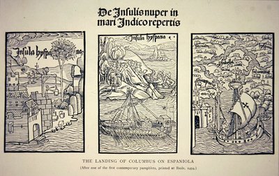 O desembarque de Colombo em Espaniola, após um panfleto contemporâneo publicado na Basileia em 1494 (litho) de School English