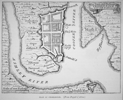 Cidade e Porto de Charles Town (Charleston), Carolina do Sul (litografia) de School English