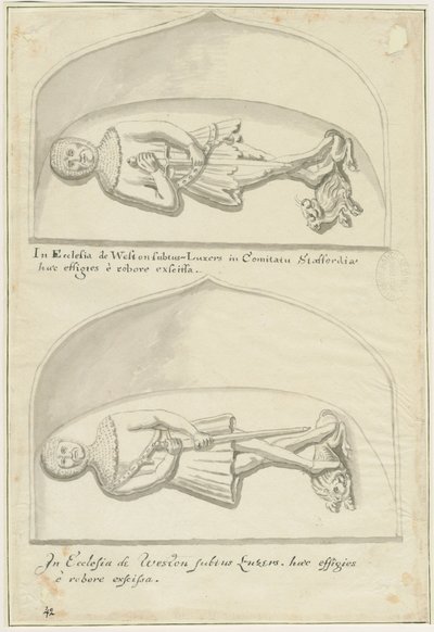 Weston-under-Lizard Church - Efígies de Sir Hugh de Weston e Sir Hamo de Weston: caneta e desenho de lavagem, nd [18 cêntimos] (desenho) de School English