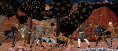Cena de caça ao javali. Detalhe. Pintura anónima da Escola Florentine. 1450-1460. Toulouse, Musee des Augustins de School Florentine