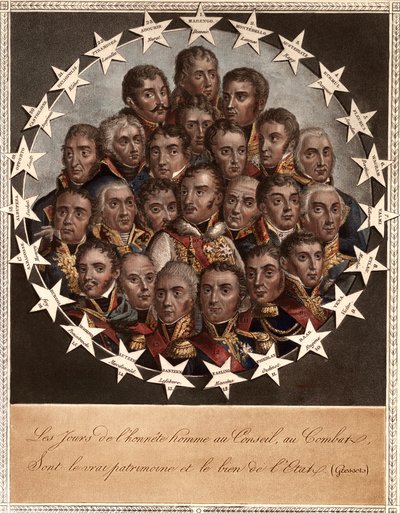 Um Heros by Victory - Os dias de honestidade no Conselho, no Combate - são a verdadeira herança e o bem do Estado. (Gressets) - 1. marengo. dessaix. 2. montebello. lannes. 3. austerlitz. rapp. 4. eckmuel. davoust. 5. florus. jourdan. 6. wagram. berthier. de School French