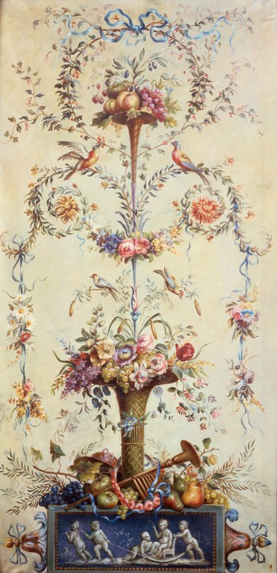 Uma trombeta de flores e frutas decorada com guirlandas de flores (aquarela) de School French