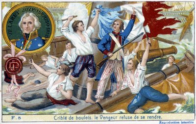 O Almirante Villaret (1750-1812), um representante no medalhão, entregou a batalha naval de Ouessant aos ingleses Howe em 1794. de School French