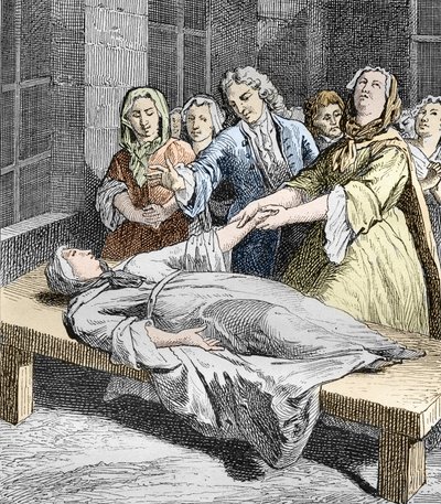 Catarina Bigot a sofrer convulsões jansenistas, de "Les Mysteres de la Science" de Louis Figuier (gravura) de School French