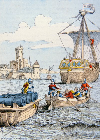 Expedição de Carlos VIII à Itália em 1494 (cor litho) de School French